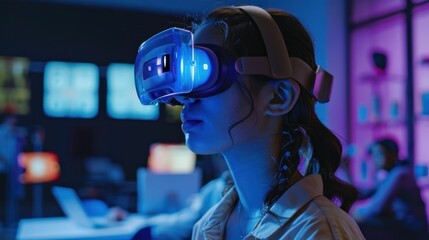 A young woman deeply engaged in a VR session with vibrant blue lighting, emphasizing modern gaming culture