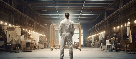 Man in white attire at busy furniture factory - obrazy, fototapety, plakaty