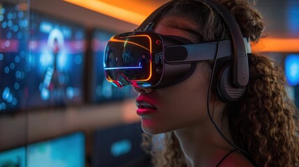 A female engrossed in virtual gaming with a VR headset in a vibrant neon-lit room, displaying technology and entertainment