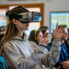A young person uses a VR headset in a classroom setting, blending modern technology with education