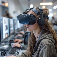 An engaged individual uses a VR headset, lost in the virtual gaming world, surrounded by computer screens