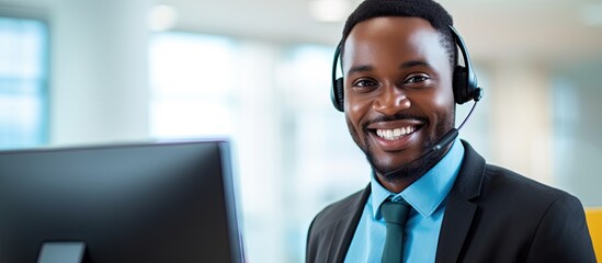 Smiling customer service agent in suit using headset at computer