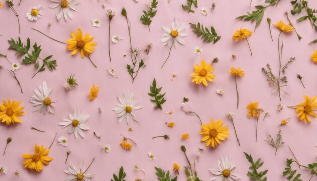 Wildflowers on a pink linen background. Abstract floral background.