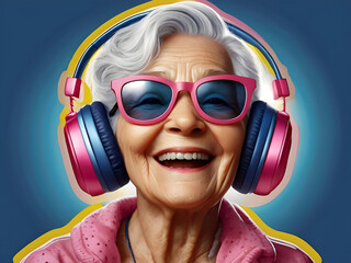 happy face of old woman 90s with pink trendy sunglasses and headphone hearing music. pink flat background - Generative AI - 763363715