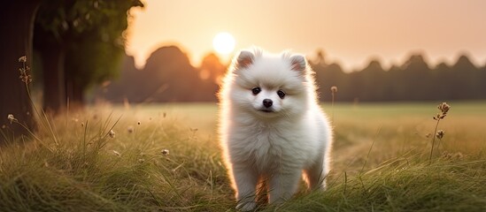 A small white dog in a grass field - Powered by Adobe