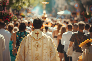 A mass celebration with fervent prayer led by a catholic priest, uniting people in faith and christian beliefs.