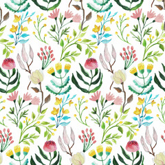 Watercolor floral pattern, botanical illustration.