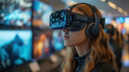 A woman, facing away, is fully engaged with a virtual reality headset in a vibrant tech store