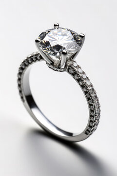 A diamond ring with a white band and a diamond in the center. The ring is the main focus of the image