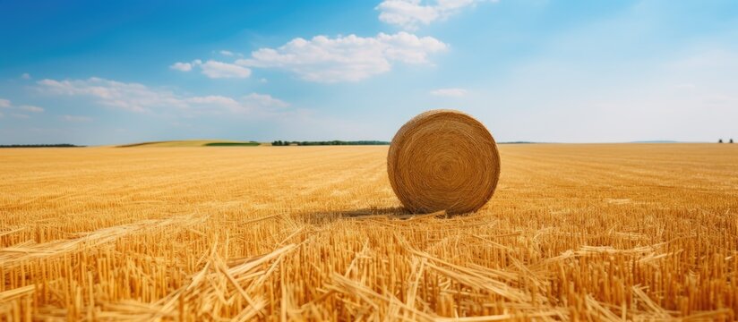 A hay bale in a field under a clear blue sky