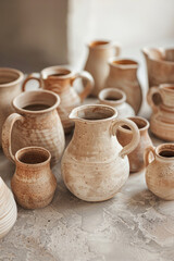 Fototapeta na wymiar Aesthetic composition of craft hand-made clay products such as vases, jugs, cups in assortments.