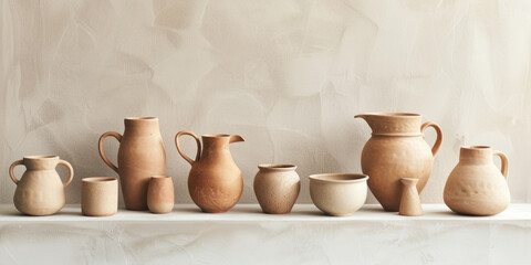 Aesthetic composition of craft hand-made clay products such as vases, jugs, cups. Banner format.