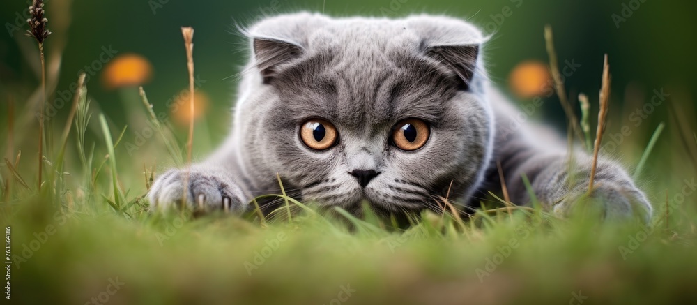 Poster a cat lying in grass on a grey background