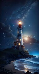 lighthouse on the coast at night with a stary sky - obrazy, fototapety, plakaty