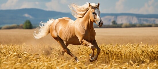 A horse galloping through a wheat field - obrazy, fototapety, plakaty