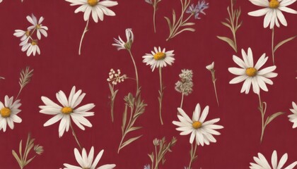 Fresh wildflowers on a natural linen raspberry background. Abstract floral background, fresh flowers and natural fabrics.