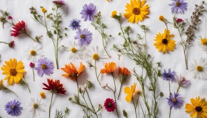 Fresh wildflowers on a natural linen white background. Abstract floral background, fresh flowers and natural fabrics.