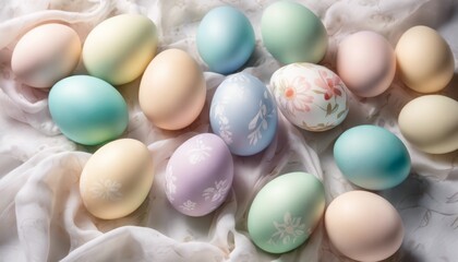 Easter eggs of pastel colors on a white chiffon background among inflorescences of delicate spring flowers. Happy Easter. Easter background - obrazy, fototapety, plakaty