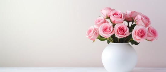 Fototapeta premium White vase with pink roses on table