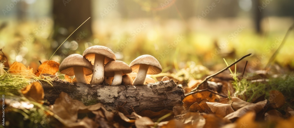 Poster three mushrooms on a log in grass