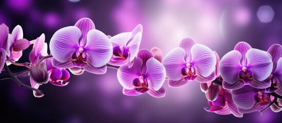Purple orchids blooming on branch with bright lights