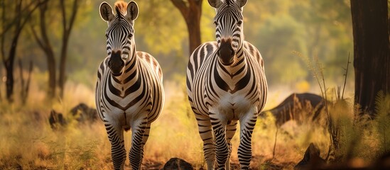 Zebras standing in the grass near a tree in the woods
