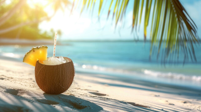 coconut cocktail with a slice of pineapple and a straw, in the summer on the beach, on the ocean shore standing on the sand, exotic vacation under palm leaves