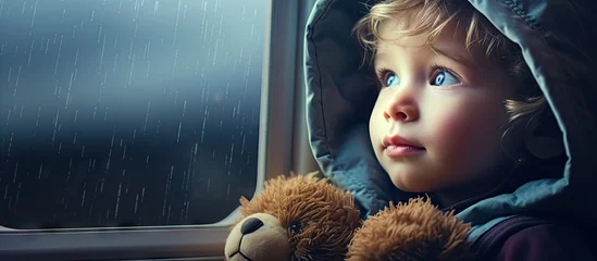 Deurstickers Young child with stuffed toy gazes out rainy window at passing airplane © vxnaghiyev