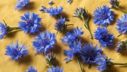 Cornflowers on a linen orange background. Fresh flowers Cornflowers on a natural fabric background. Abstract floral background