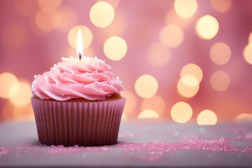 a pink cupcake with a candle in it, happy birthday concept