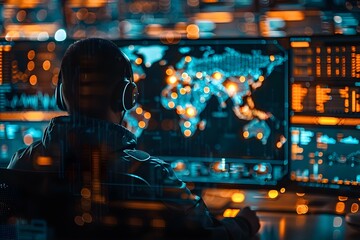 Monitoring cybersecurity threats in a dark hightech security operations center in rea. Concept Cybersecurity Threats, Security Operations Center, Dark Environment, High Tech, Monitoring - obrazy, fototapety, plakaty