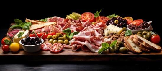 A platter of assorted meats, cheese, olives, and bread
