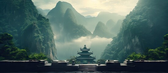 A pagoda in misty mountains and an ancient temple for Buddha prayer - obrazy, fototapety, plakaty