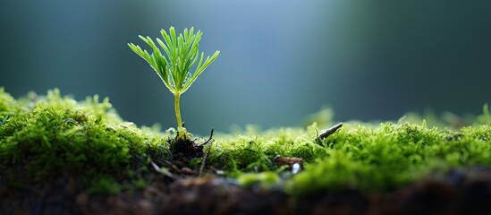 A tiny seedling emerging from a green mossy log - obrazy, fototapety, plakaty