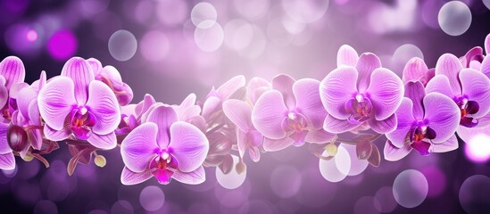 Purple orchids blooming on branch with purple background
