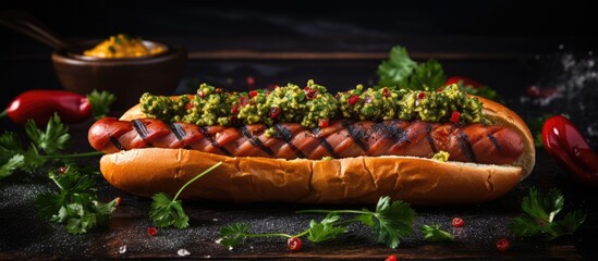 Hot dog with assorted toppings and peppers - obrazy, fototapety, plakaty