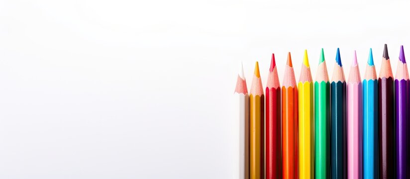 A variety of vivid color pencils on a plain surface