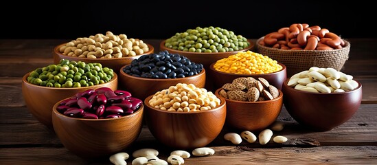 Various nuts and legumes in wooden dishes - obrazy, fototapety, plakaty