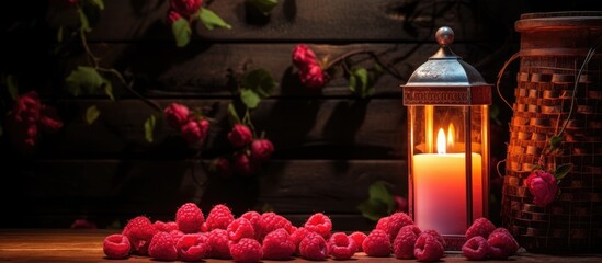 A candle and raspberries on a table
