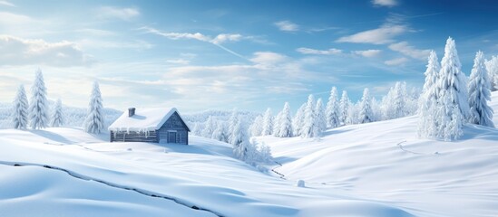 Winter cabin in snowy mountain landscape - obrazy, fototapety, plakaty