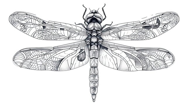 Abstract image of a black dragonfly, on a white background, hand drawn style, patterns, thin lines and shadows, profile, spread wings, insect, transparent, close up. Generative by AI