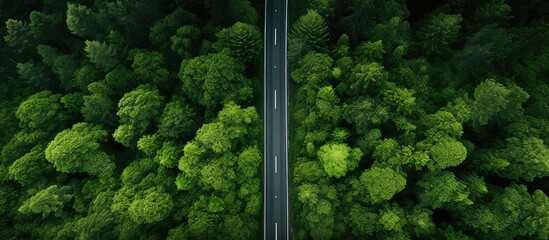 Aerial view of a road winding through dense woodland