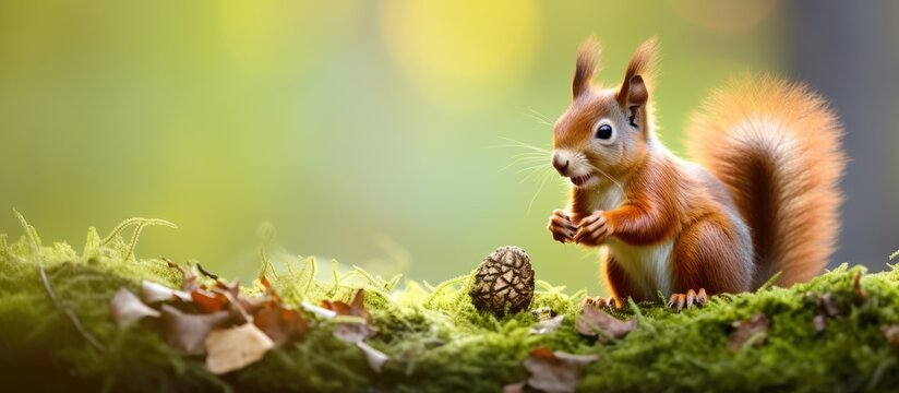 A squirrel munching on a pine cone in mossy ground
