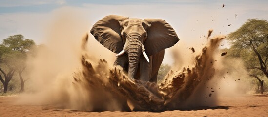 Elephants approaching in dusty terrain - obrazy, fototapety, plakaty