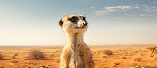 A meerkat perched on a rock in the arid desert