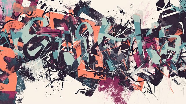 Abstract illustration of distorted, messy, deformed, sloppy typography, graffiti. Flat style, illusion of volume, varied color palette, numbers and letters. Street style concept. Generative by AI