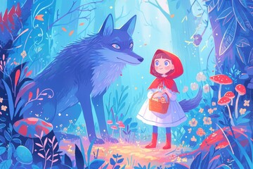 Fototapeta premium Little Red Riding Hood and the Wolf in an enchanted forest, children's book illustration 