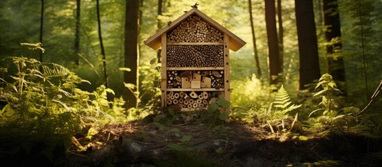 Bug house in the woods with wood - obrazy, fototapety, plakaty