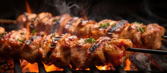Close-up grill skewered meat Arabic cuisine skewers - obrazy, fototapety, plakaty