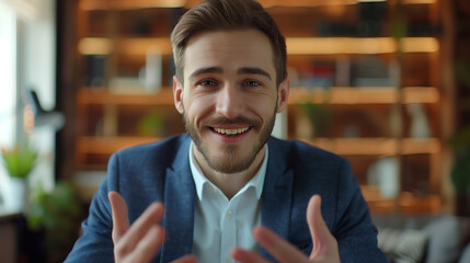 Close-up portrait of smiling young male businessman, office worker looking at camera, talking on video call and gesturing with hands